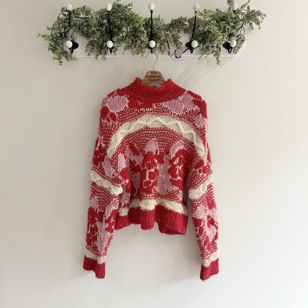 Zara Jacquard red Knit fair isle mock neck Sweater S XX113 relaxed